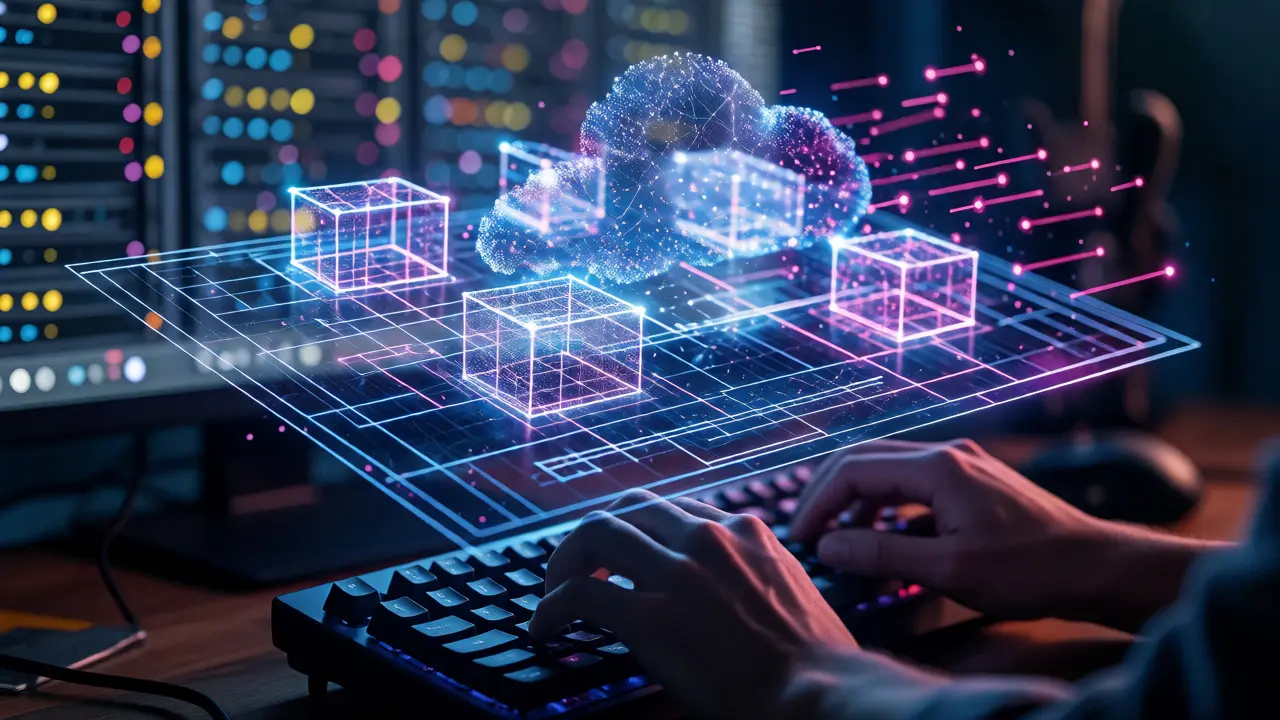 Digitální iluzace infrastruktury jako kódu vznikající z světelných částic nad klávesnicí.