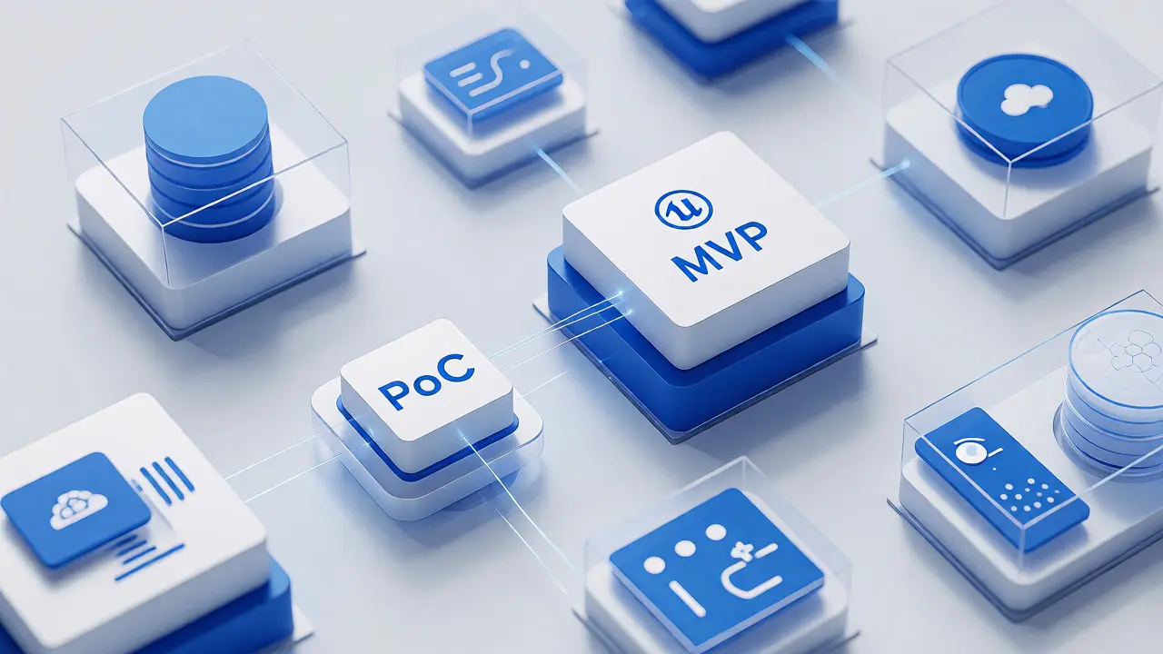 Izometrický pohled na modulární cloudovou architekturu s oddělenými bloky pro PoC a MVP.